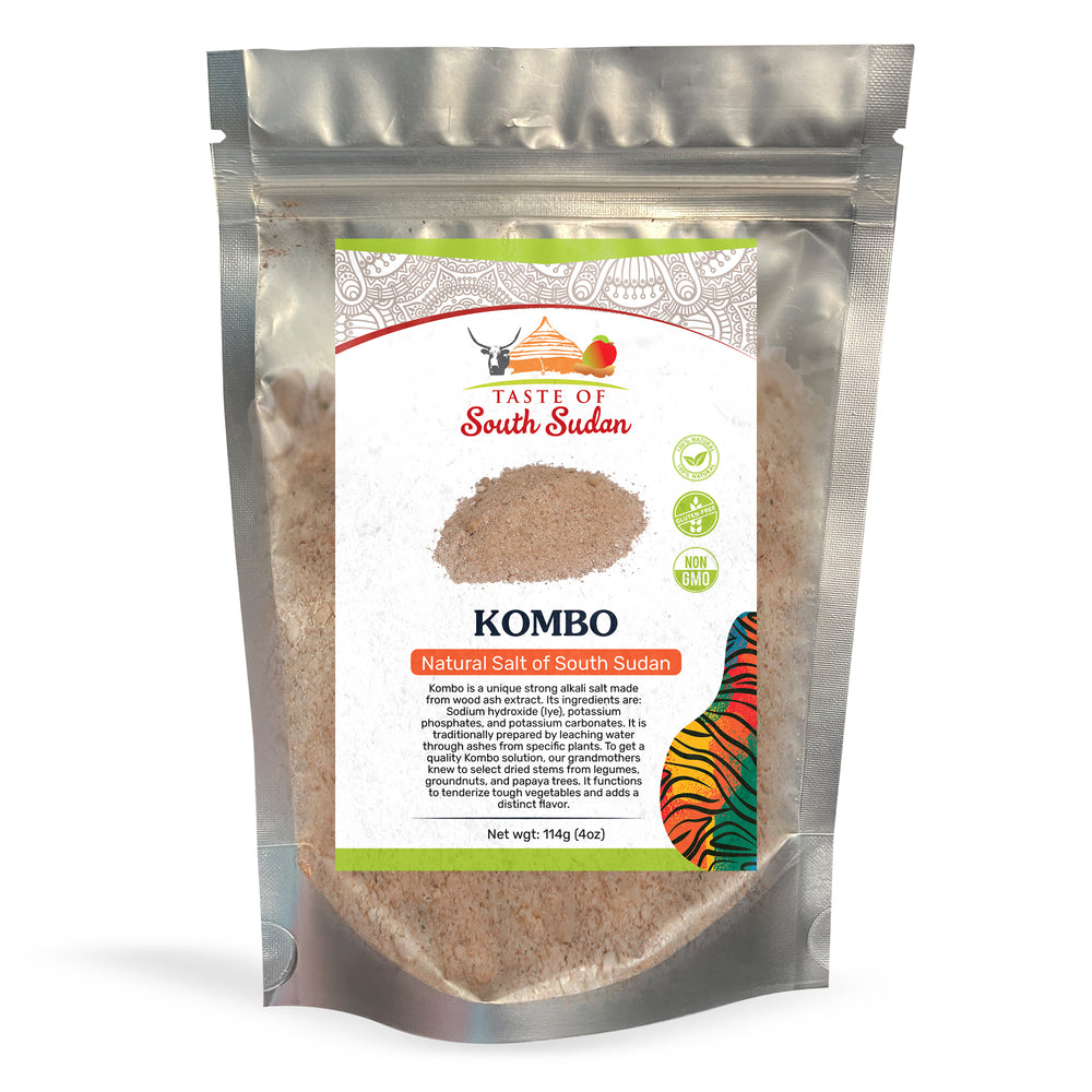 Kombo, Natural Salt of South Sudan, distributed by Taste of South Sudan LLC. Front package.