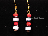 Authentic African Beaded Earrings Red, white and black glass beads.   Hand made by women in South Sudan using traditional beading techniques passed down generations.  Sudanese earrings.