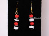 Authentic African Beaded Earrings Red, white and black glass beads.   Hand made by women in South Sudan using traditional beading techniques passed down generations.  Sudanese earrings.