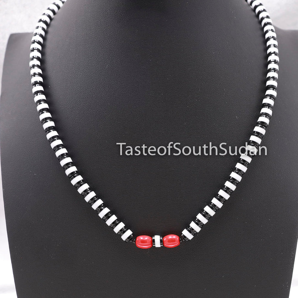 African Majok Single Beaded Black & White with 2 Red Center Beads Necklace | Taste of South Sudan