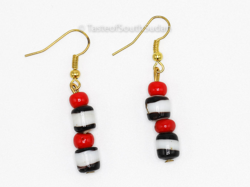 Authentic African Beaded Earrings Red, white and black glass beads.   Hand made by women in South Sudan using traditional beading techniques passed down generations.  Sudanese earrings.