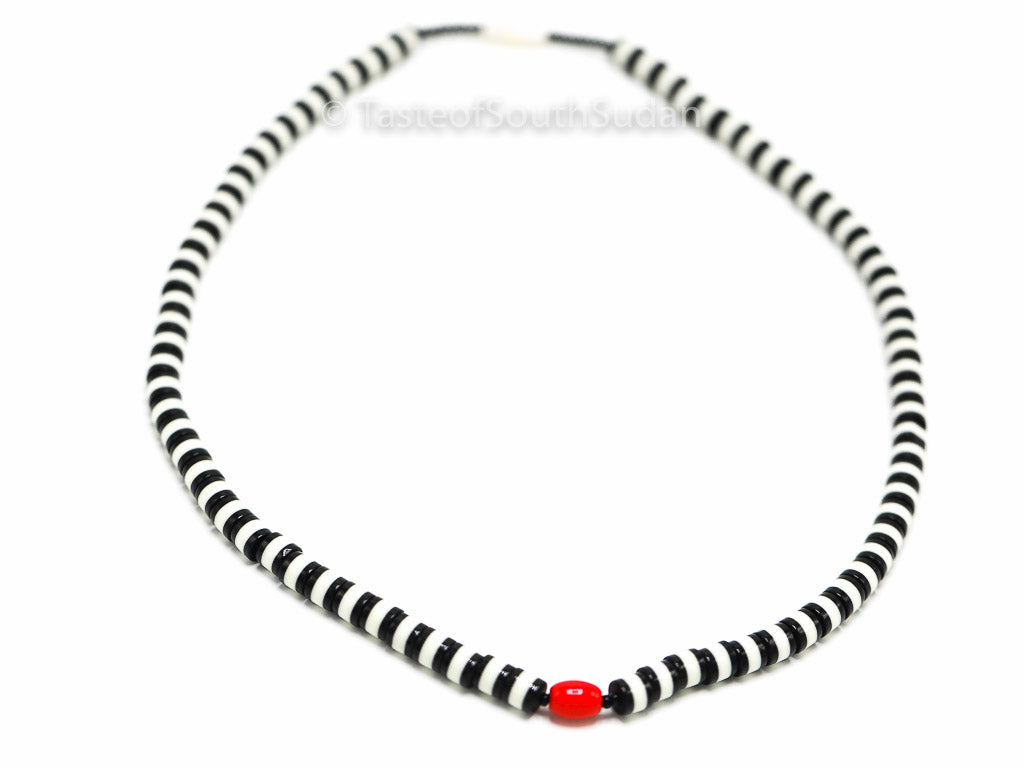 African Majok Single Beaded Black & White with Red Center Bead Necklace | Taste of South Sudan